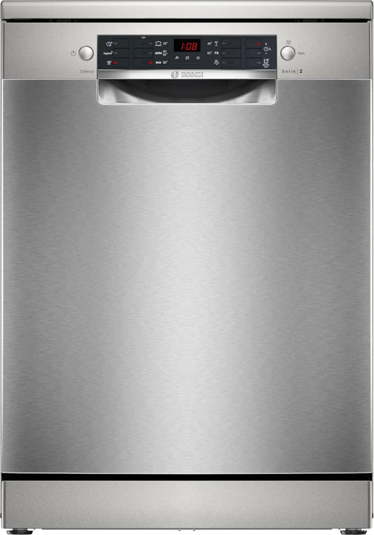 Bosch SMS26AI01F Máquina de lavar loiça, 60 cm, aquaStop, aço inoxidável, cesta superior ajustável em 3 alturas, 40 °C Glass Programme, Série 2, ecrã