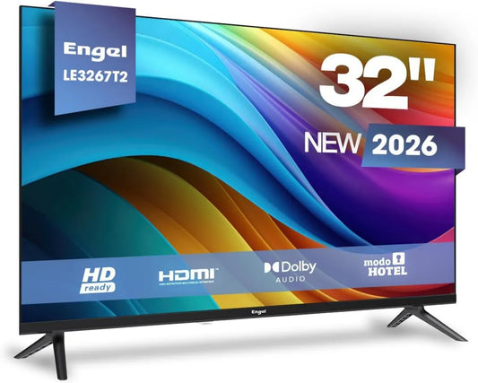 Engel Smart TV LE3267T2, 32 polegadas, 1366 × 768, televisão, sintonizador triplo DVB-T2, S2, som Dolby, HDMI, USB, preto, Dolby Audio, preto 2026, entrada SAT