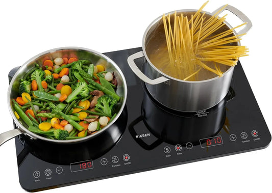 Bigben Placa de indução CKDUO2BK, 2 lareiras, 3500 W, 60-240 °C, placa de cozinha de indução, temporizador, portátil, 2 zonas de temperatura, Cozinha Ideal