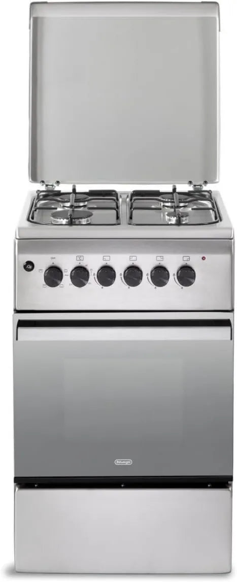 De'Longhi Fogão a gás com forno elétrico DL554Ex2, 50 x 50 cm, 4 lareiras, classe E-energia, aço inoxidável, cor de aço inoxidável, 4 zonas
