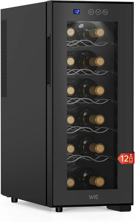 WIE adega elétrica, 33 L, 12 garrafas, 8 a 18 °C, 26 dB, iluminação LED, vidro, toque, 33L porta espelho de frigorífico de 5-Length stand