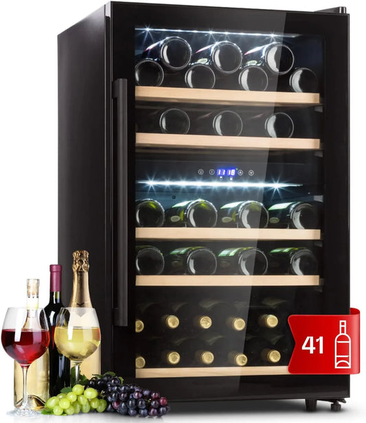 KLARSTEIN adega elétrica, 41 garrafas, 5-18 °C, toque, ecrã LCD, removível, preto, porta de vidro, iluminação interior