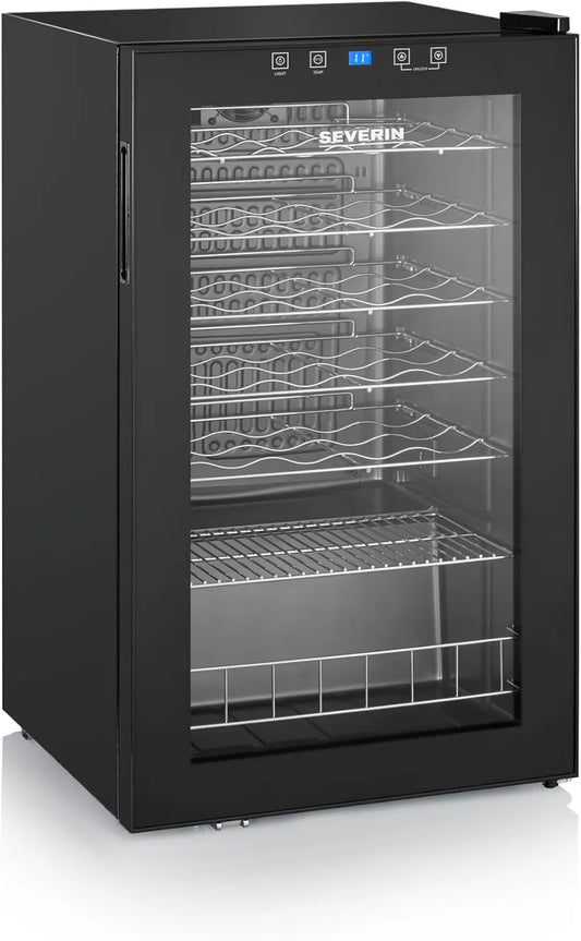 Severin adega elétrica, 95 L, 33 garrafas, 5 a 18 °C, iluminação LED, toque, preto, WKS 8908, 85 cm, Long. 48 cm, Alto. 85 cm, Manutenção de