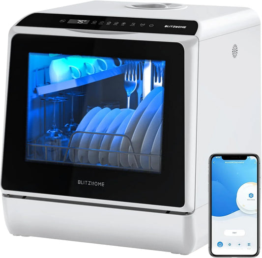 BLITZHOME Máquina de lavar loiça, 5 L, 6 programas, portátil, aplicação, grande tanque, utilizável com ou sem conexão à água, secagem