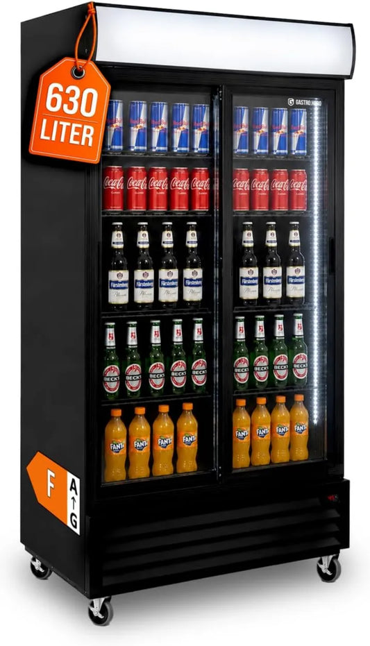 GastroHero Frigorífico, 630 L, comércio, preto, 8 prateleiras reguláveis, volume 630 l, com iluminação e portas deslizantes, porta de vidro, iluminação interior