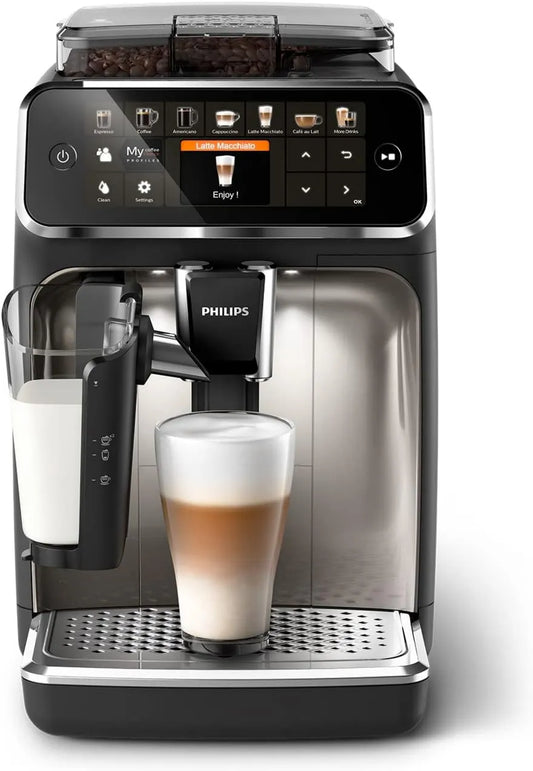 PHILIPS 12 bebidas, café máquina grãos 5400, LatteGo, preto Cromado EP5447/90, moedor Expresso com 4 perfis de utilizador, ecrã intuitiva