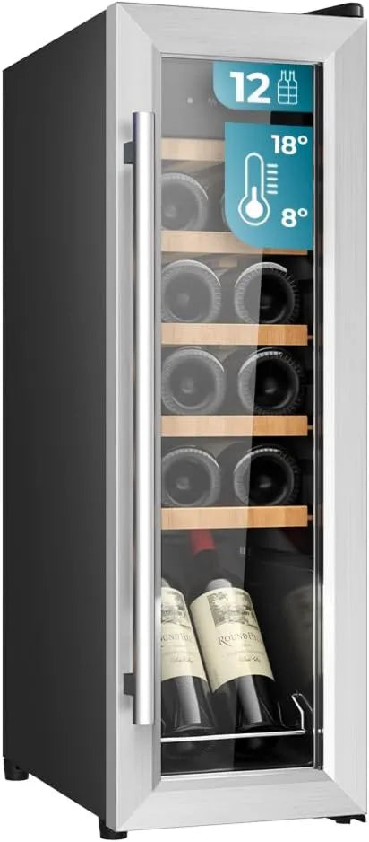 Cecotec Bolero GrandSommelier 1250 adega elétrica, 12 garrafas, 8 a 18 °C, 2 zonas de temperatura, iluminação LED, toque, prateleiras de madeira