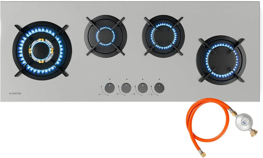 KLARSTEIN placa de gás, 4K UHD, mesa de cozinha estreita, gás, 4 queimadores de bronze, aço, ignição SnapJet, Segurança Anti-extinção