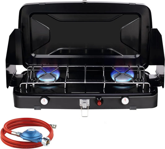 Placa de gás, 2 lareiras, 2400 W, CAMPLUx JK-8620-DE BBQ-128WG, portátil, ao ar livre, camping, placa de gás, 50 mbar, GPL