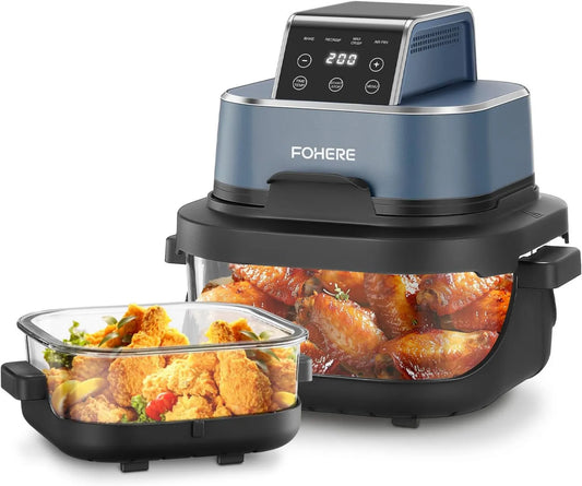 FOHERE 4-em-1, 4 L, 1500 W, portátil, removível, azul, 4 modos, incluindo recrisp & max crisp, 5L, 1500W, 6 porções, compacto para casa e escritório