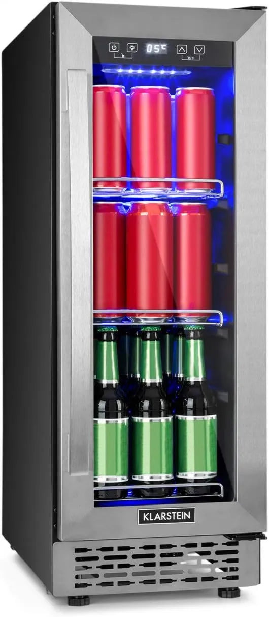 KLARSTEIN Frigorífico, 56 L, 20 garrafas, 0 a 10 °C, encastrado, toque, vidro, aço inoxidável, preto, porta de estrutura de aço inoxidável, 3 prateleiras