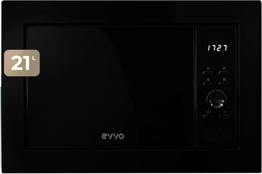 Microondas, 21 L, 1000 W, EVVO Mi30, temporizador, grelha, descongelamento, preto, 60 minutos temporizador, grelha 1000 W, porta e molduras efeito brilhante