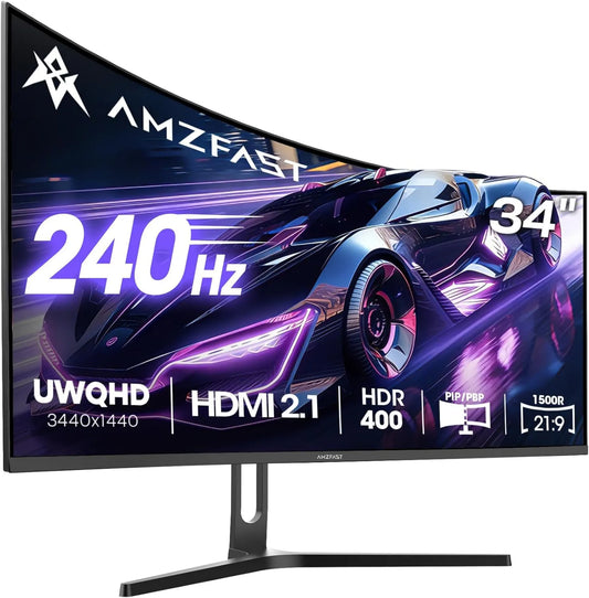 Amzfast Monitor 240Hz, UWQHD HDR400, 34 polegadas, 3440 × 1440, 240 Hz, configuração de jogo, HDMI, PC ecrã, VESA 75x75, 450 nitr, sRGB 130%, AMZG34C5QPro