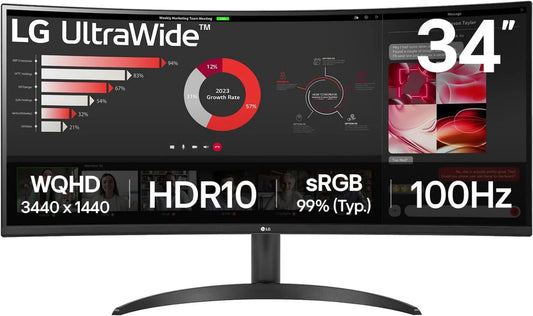 LG Office Screen VA 34' curvado WQHD 21:9, UltraWide, sRGB 99%, Tipo 34WR50QK-B, HDR 10 300cd, m2 100Hz 5ms HDMI 2.2 DP 1.4 Conforto ocular