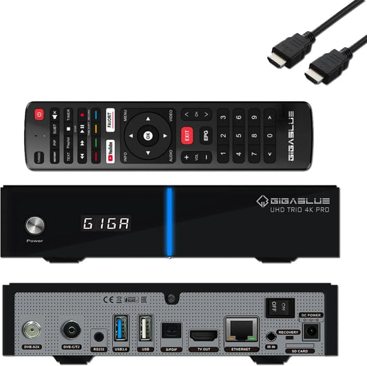 HTS e-com Smart TV 1xDVB-S2x 1xDVB-C, T2, TV, 4K UHD, HDMI, Wi-Fi, gravação PVR, GigaBlue UHD Trio 4K Pro, 1200Mbps WiFi, Cabo, Sinal T2