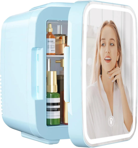YASHE Frigorífico, 4 L, 220 V, portátil, azul, termoelétrico e frigorífico 220V AC, 12V DC para carro, frigorífico Skincare com espelho LED