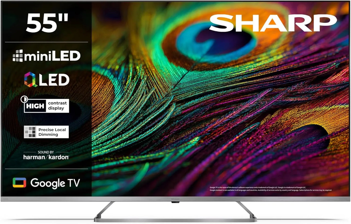 Google 55JP7265E Smart TV, 55 polegadas, TV, 4K UHD, QLED, som Dolby, HDMI, sem moldura, Dolby Atmos, Dolby Vision, 1 com eARC, Sharp 55JP7265E