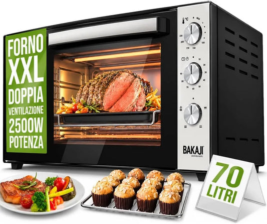 Forno elétrico, 70 L, 2500 W, 2 zonas de temperatura, BAKAJI Forno elétrico com capacidade de rotação de calor xxL 70 litros Potência 2500W Temperatura