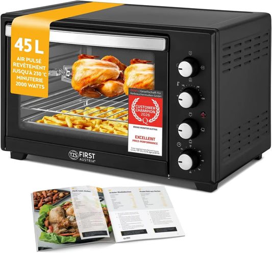 Forno elétrico de pizza, 45 L, 2000 W, temporizador, grelha, revestimento anti-aderente, 2 zonas de temperatura, 4 alturas de inserção, TZS First Austria