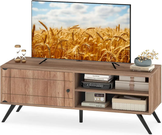 SOARS suporte de TV, 55 polegadas, decoração da sala, console de TV em pés altos com 2 prateleiras abertas, suporte de TV para sala de estar e quarto, armário de porta e