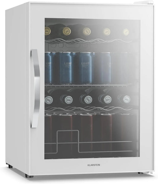 Frigorífico KLARSTEIN, 60 L, iluminação LED, vidro, silencioso, removível, branco, Mini frigorífico com Porta encaixada, para bebidas e latas