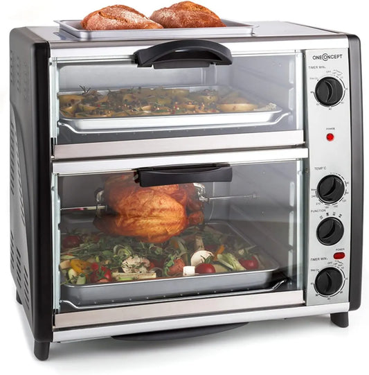 Oneconcept Forno elétrico, 42 L, 2400 W, 60-240 °C, grelha, 2 zonas de temperatura, aço inoxidável, prata, 42 litros, umConcept All-You-Can-Comer duplo forno