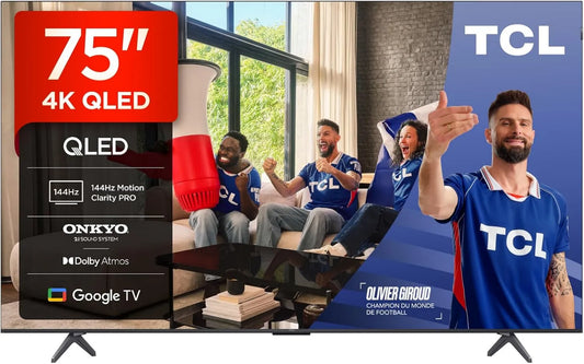 TCL Google 75T8C Smart TV, 75 polegadas, 144 Hz, TV, 4K UHD, QLED, HDR, Dolby Vision & Atmos, 144Hz Motion Clarity Pro, Onkyo 2, 1 Som, FreeSync
