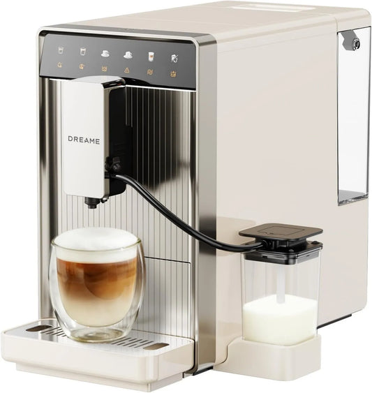 dreame Produto compacto design 18 cm, Drame Ecceluxe Slim máquina de café expresso automático, fácil limpeza, 5 bebidas, moedor de 9 níveis, ecrã sensível ao toque