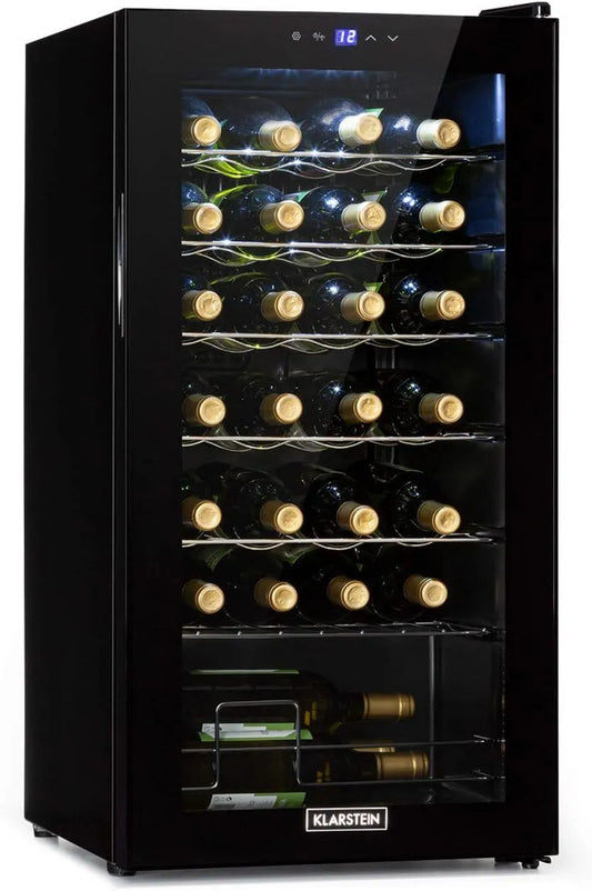 KLARSTEIN adega elétrica, 74 L, 28 garrafas, 1 lareira, 5 a 18 °C, vidro, standing, silencioso, aço inoxidável, preto, moldura de aço inoxidável, LED