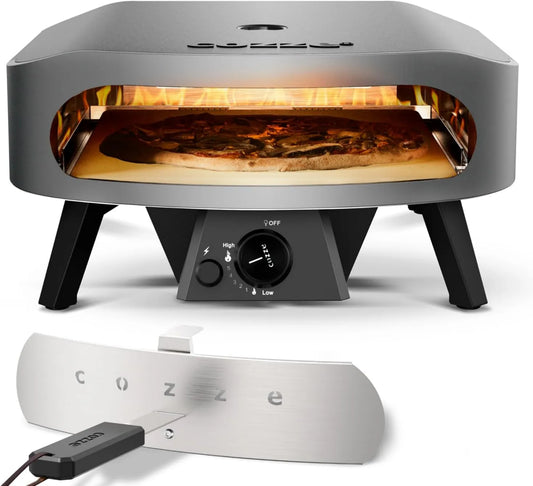 cozze Forno de pizza elétrica, 17 polegadas, aço inoxidável, gás de 30 mbar, Grande pedra corderita incluída, 2 minutos de cozinha rápida, câmara de aço duplo