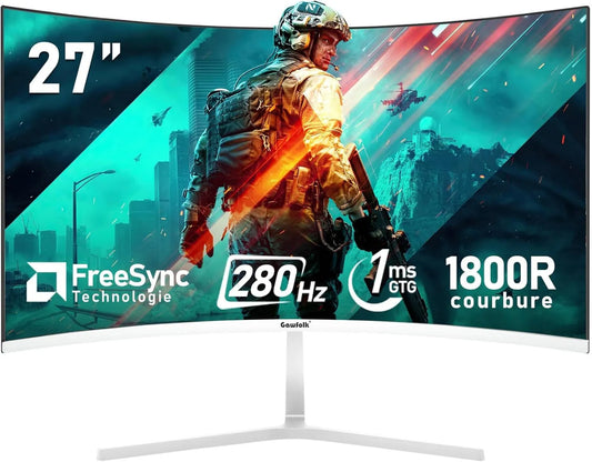 Gawfolk Monitor 1800R 1080p, 27 polegadas, 100 × 100mm, 1 ms, 280 Hz, configuração de jogo, instalação de parede, Full HD, HDMI, ecrã de PC, branco, 1ms, FHD
