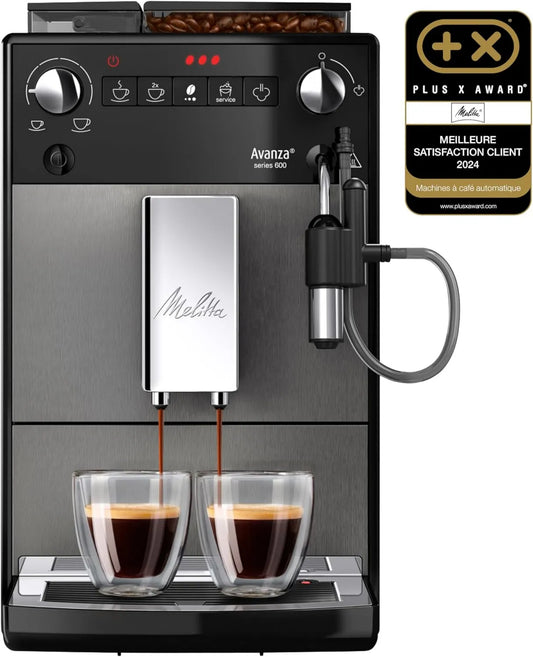 Máquina de café de grãos de Melitta com sistema de esmagamento e extração de aroma, Avanza Grisse, silencioso, Easy Cappuccinatore F270-100