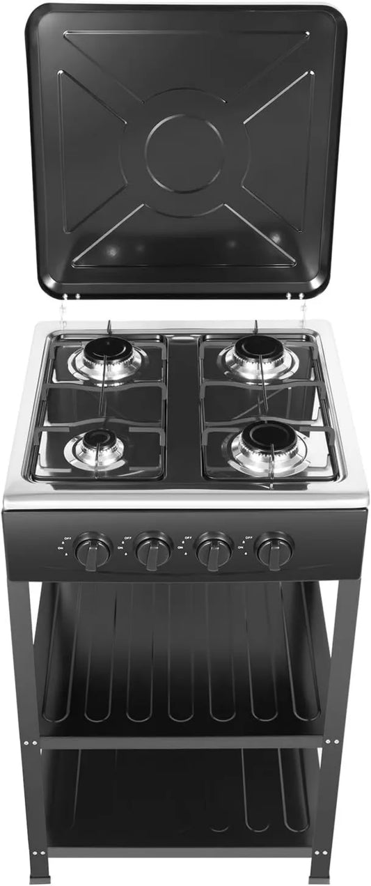 Donened Utensílios de cozinha com forno, 49 x 49 x 79 cm, 4 lareiras, camping, preto, placa de gás de 4 luz com suporte antiderrapante