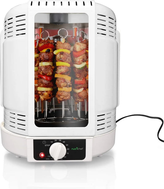 NutriChef Forno elétrico, grelha, frigideira elétrica com broche Rotary, Mini-Quatro com calor Turnável, Frango, Carne, Döner, Acessórios incluídos
