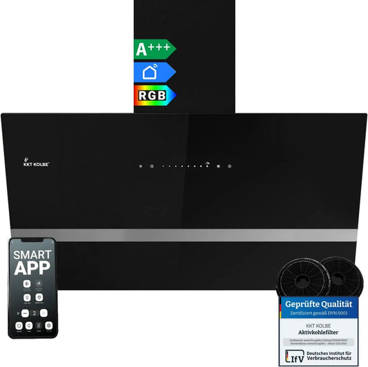 KKT KOLBE EASY9005SM exaustor de vácuo, 90 cm, capa de cozinha, iluminação LED, instalação de parede, Wi-Fi, aplicação, preto, dreno de tráfego 782 cbm