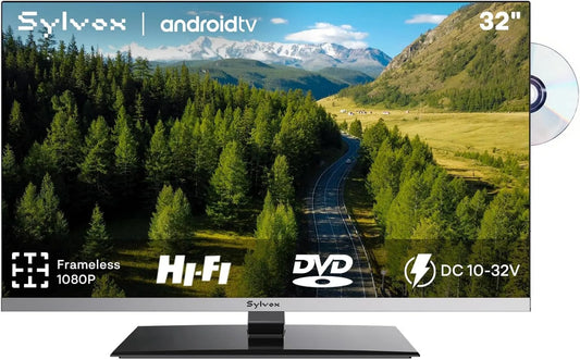 SYLVOx Smart TV 1080P, 32 polegadas, 12 V, TV, Android OS, DVB-T2, Narrow, Camping, Limo 2023, Leitor de DVD encastrado, DC 12V Android Television Bezel