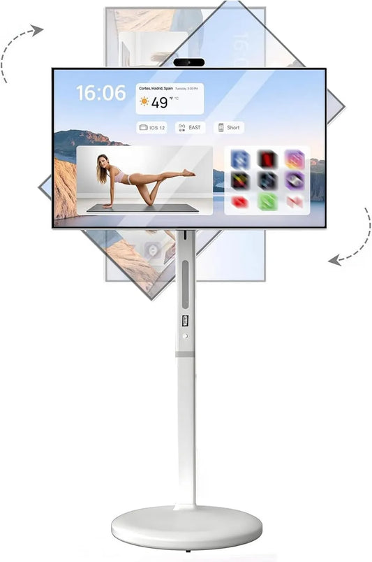 AETEREOS Monitor, 27 polegadas, portátil, rodas móveis, toque, branco, 8+128 GB 27', rotação completa, Roleta sem fio TV, Bateria
