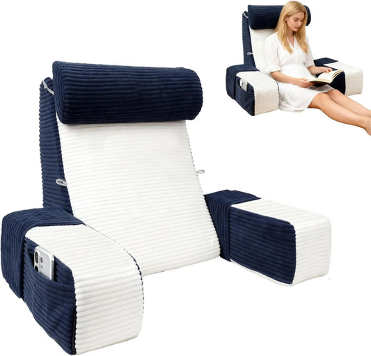 ROOWANA Produto almofada traseira Sofá, Travesseiro de leitura para cama, azul & branco, almofada de dorsal ajustável para trás com apoios de braços e apoio para a cabeça, TV