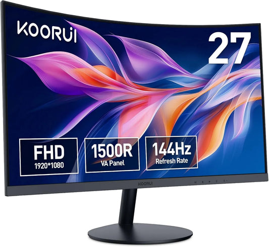 KOORUI 27N5CA 1500R, 27 polegadas, 1920 × 1080, 144 Hz, Full HD, placa VA, HDMI, ecrã PC, preto, 178° Ângulo de visão, VGA, configuração de inclinação