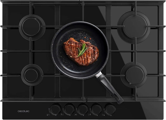 Cecotec 4kW, Gas Cooking Tabela 5 zonas pretas de vidro, Sistema de Segurança, Gas Conversion Butano Bolero Squad G 5400F, Fonte Grids, 10