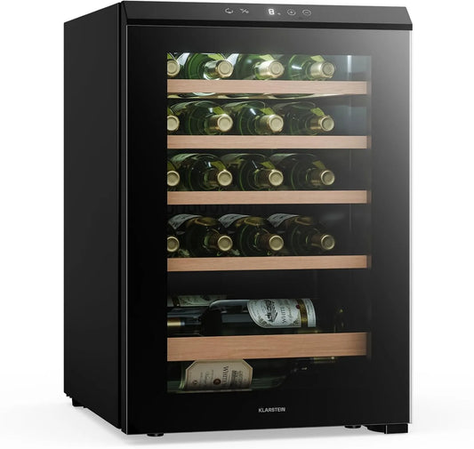 KLARSTEIN adega elétrica, 20 garrafas, 4 a 18 °C, iluminação LED, vidro, toque, elemento de controlo, adega de vinho de pé, porta de vidro