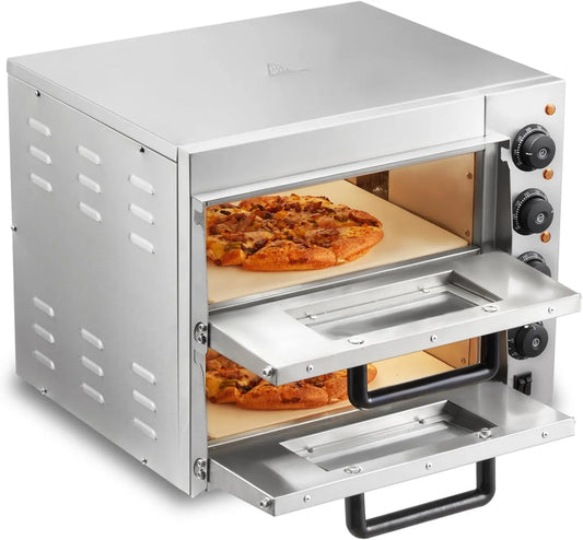 VEVOR 14 polegadas forno elétrico de pizza, profissional, restaurante, aço inoxidável, Pierre e alça, Forno elétrico de piso duplo