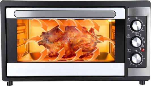 Makamsui Forno de pizza elétrica, 30 cm, 46 L, 1500 W, 0 a 230 °C, temporizador, grelha, compacto, preto, pão torrado, 60 min temporizador, calor rotativo 9 em 1 com