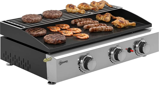 Produto 5 kW, Outsunny Plancha Gás Exterior 3 Queimadores de aço inoxidável 7, Preto, Placa de esmalte fácil de limpar, Placa de esmalte fácil de limpar, Placa de esmalte