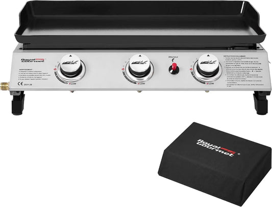 Modelo 7.5kW, 5 cm, 3 Queimadores de potência 7.5kW, Superfície de cozedura 63, 5 x 36, Portátil para Camping e Exteriores, Royal Gourmet Plancha Gas