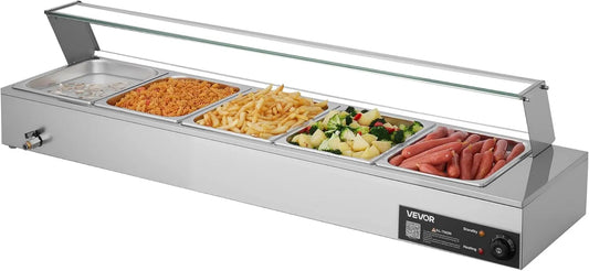 Aquecimento INOx Buffet VEVOR, aquecedor de plataforma elétrica 1500 W, banho Comptoir com 5 Gastross 1 e 2 e Capot de vidro