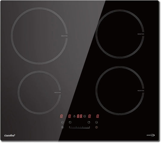 Produto 4 Queimadores, Comfee' Tabela de Cozinhar Indução 7400W, Preto, 9 Níveis de Potência, 20% de Superfície Grande, Função de aumento, controlo