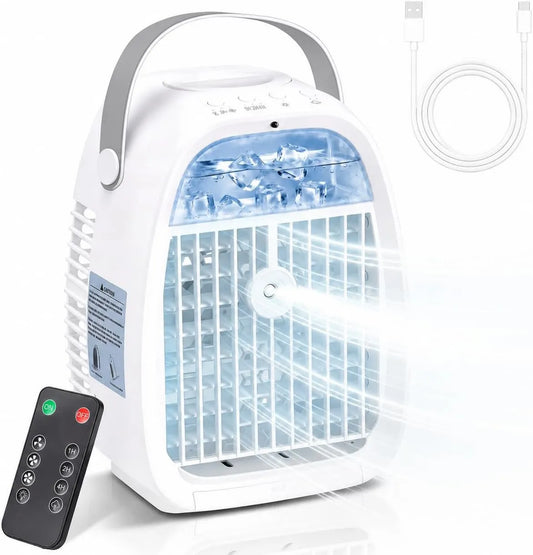 Pozxiol Ar condicionado, temporizador, 3 velocidades, USB, camping, Mini atualização de ar 4 em 1 com comando à distância, relógio LED, 2 modos Brume, 1H temporizador