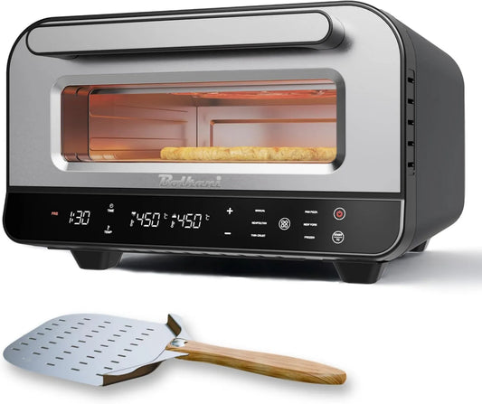 Bolkani Pizza forno elétrico, 1700 W, temporizador, 450 °C para pizza crocante em forno de pedra em 2 minutos, iluminação interior e janela